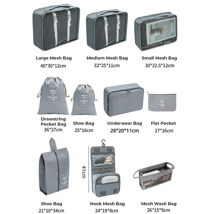 10 Pcs/Set Travel Packing Organizer Bags for Luggage Suitcase dimensions