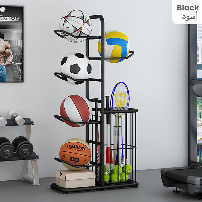 Ball Storage Rack, Basketball Football Volleyball Badminton Racket Storage Stand, Sports Accessories Holder black