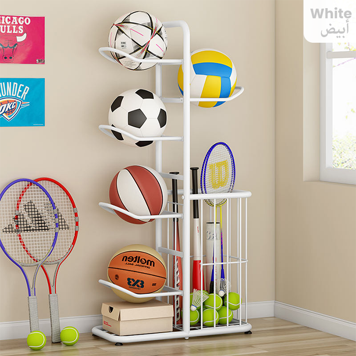 Ball Storage Rack, Basketball Football Volleyball Badminton Racket Storage Stand, Sports Accessories Holder white