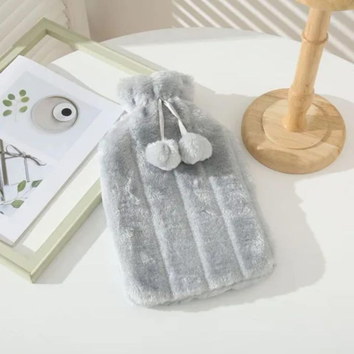 Leakproof rubber hot water bottle with long-lasting plush cover for hand and foot warming, pain relief, and hot or cold compress therapy