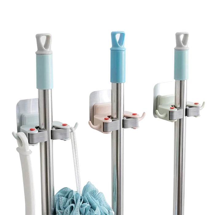 Light Weight Wall Mount Mop Holder For Mop Broom For Bathroom designed with hooks