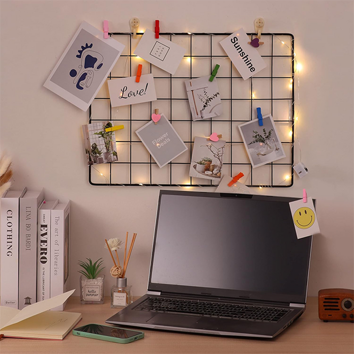Metal Wire Grid Photo Frame For Wall With Wooden Designer Clips DIY Mesh Wire Frame Grid Wall organizer