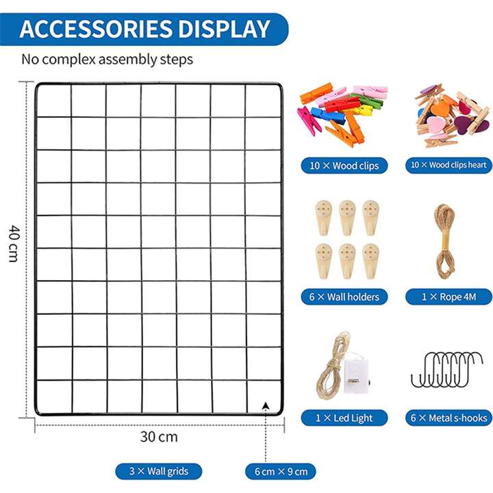 Metal Wire Grid Photo Frame For Wall With Wooden Designer Clips DIY Mesh Wire Frame accessories display