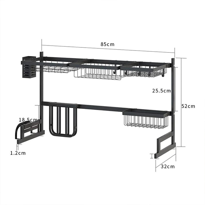 Over The Sink Dish Drying Rack - Adjustable Width Space Saver - with Cutlery, Knives Holders Spatula Hooks dimensions
