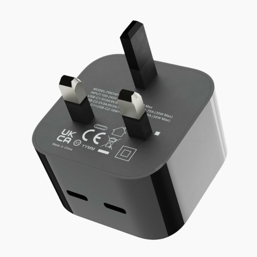 Porodo Super-Fast Wall Charger offers dual USB-C ports with up to 35W combined output Charge Two Devices Simultaneously
