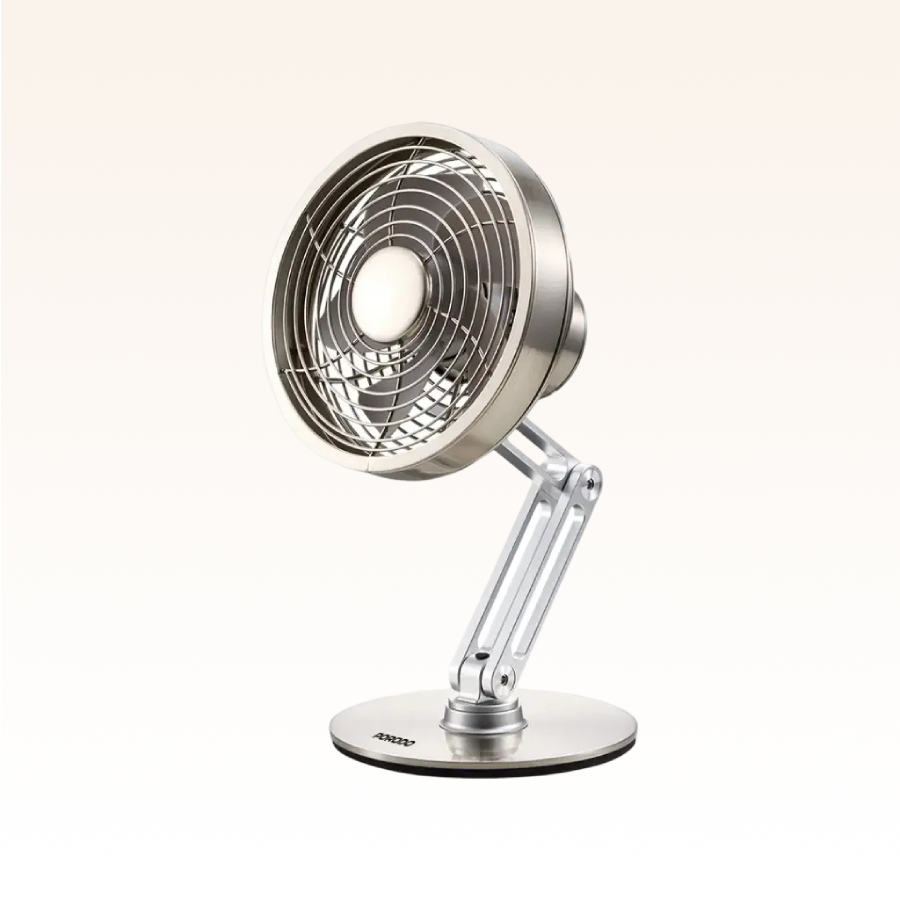 Portable, rechargeable (2000mAh), and silent. 3 speeds, 360° rotation, and adjustable tilt for customizable airflow