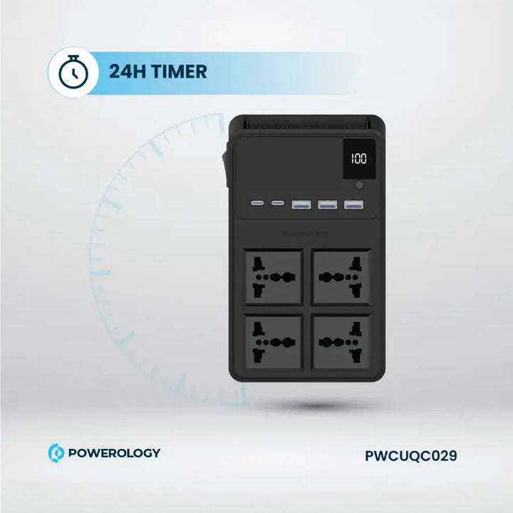 Powerology 2500w 4 AC Power Strip with Built-In Retractable Cable 3M UK Plug