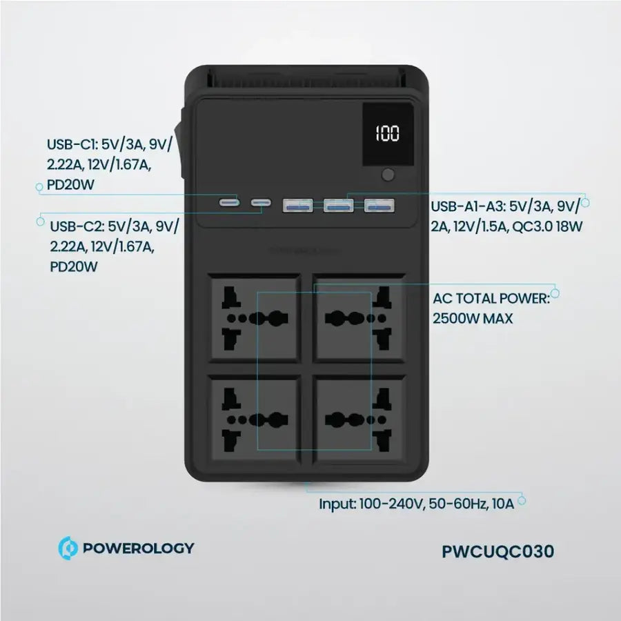 Powerology 2500w 4 AC Power Strip with Built-In Retractable Cable durable