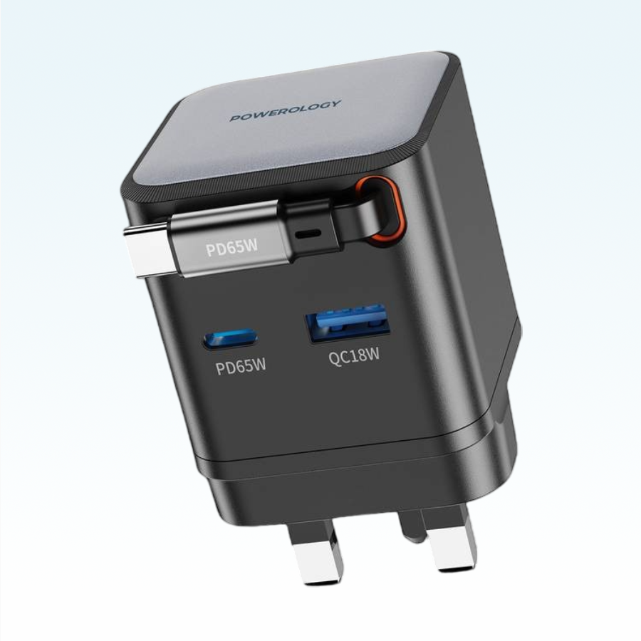 Powerology Dual Port Retractable GaN Charger is a powerful and compact solution for fast Black