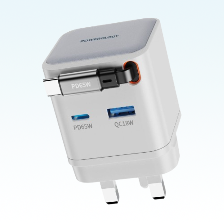 Powerology Dual Port Retractable GaN Charger is a powerful and compact solution for fast white