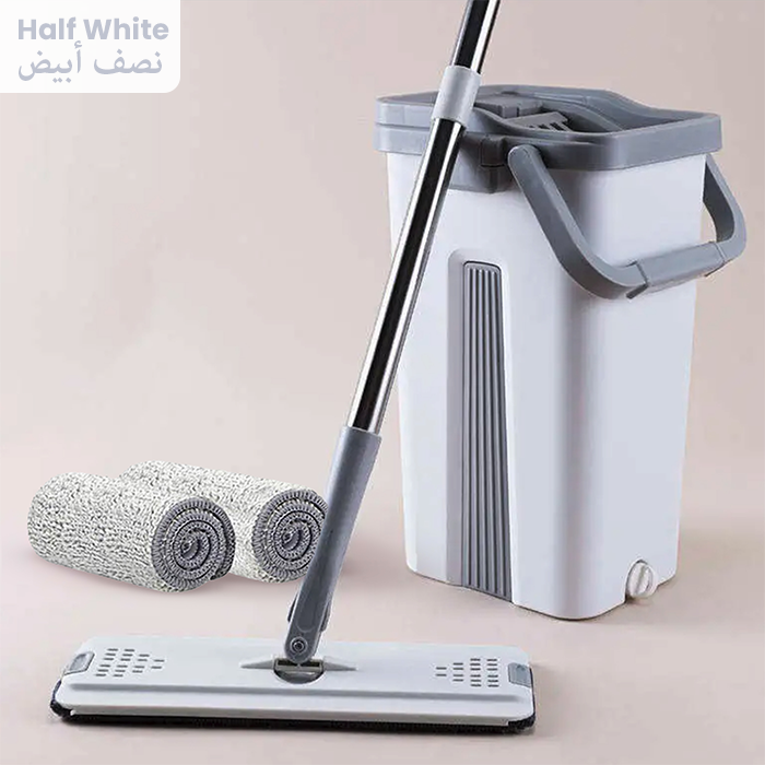 Scratch Flat Mop With Bucket And 2 Mop Pads Self Wash And Squeeze Dry Flat Mop Half white
