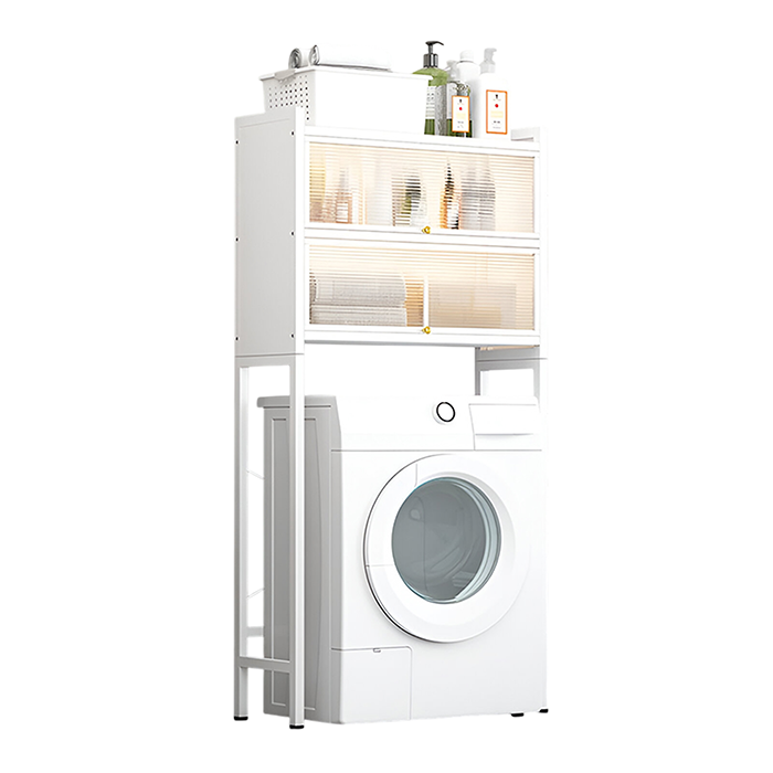 Space saving metallic washing machine storage rack for laundry room