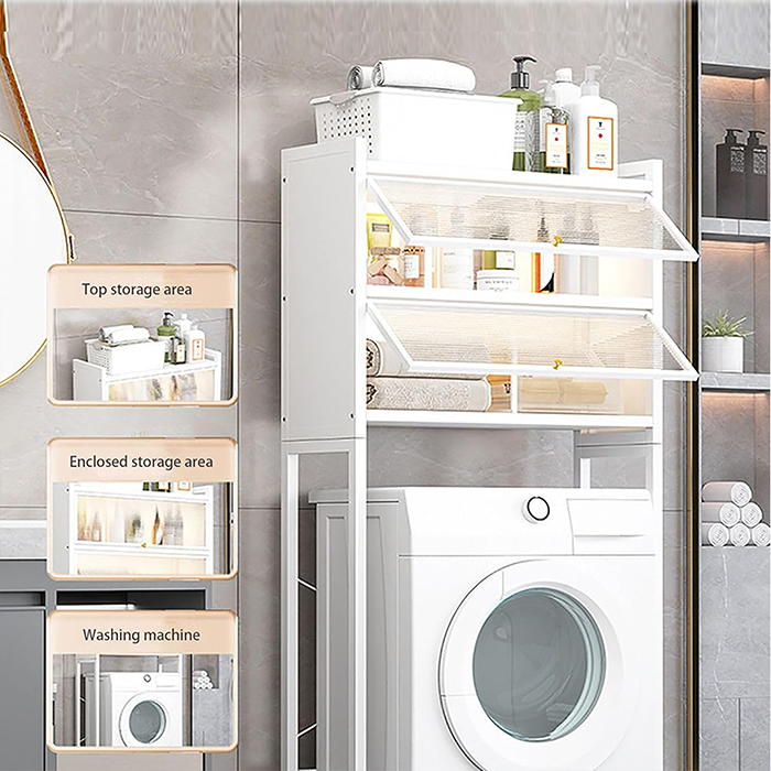 Space saving metallic washing machine storage rack for laundry room