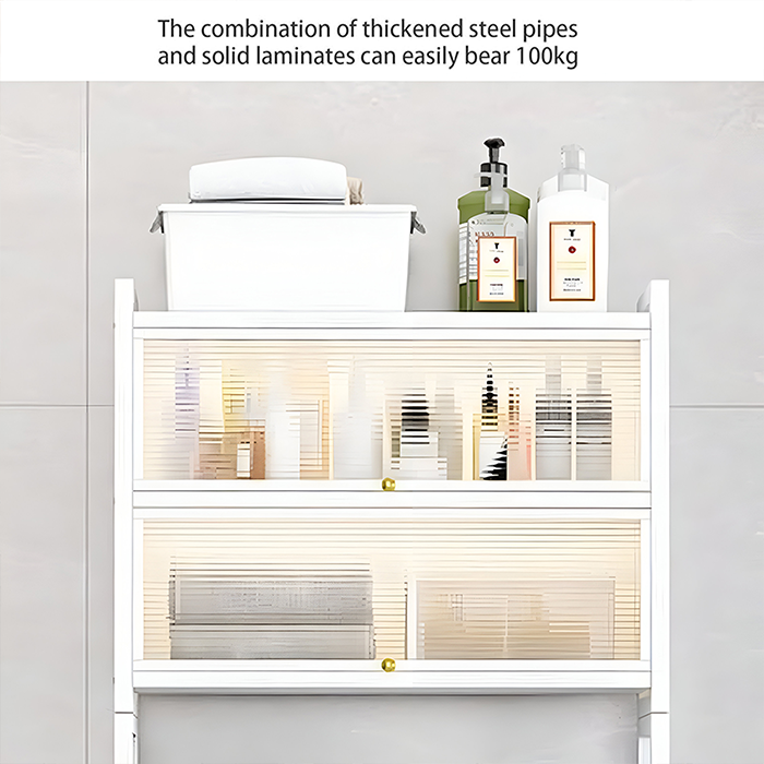 Space saving metallic washing machine storage rack for laundry room